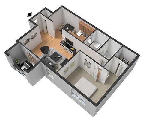 Floor plan for 1 bed, 1 bath, 942 sqft